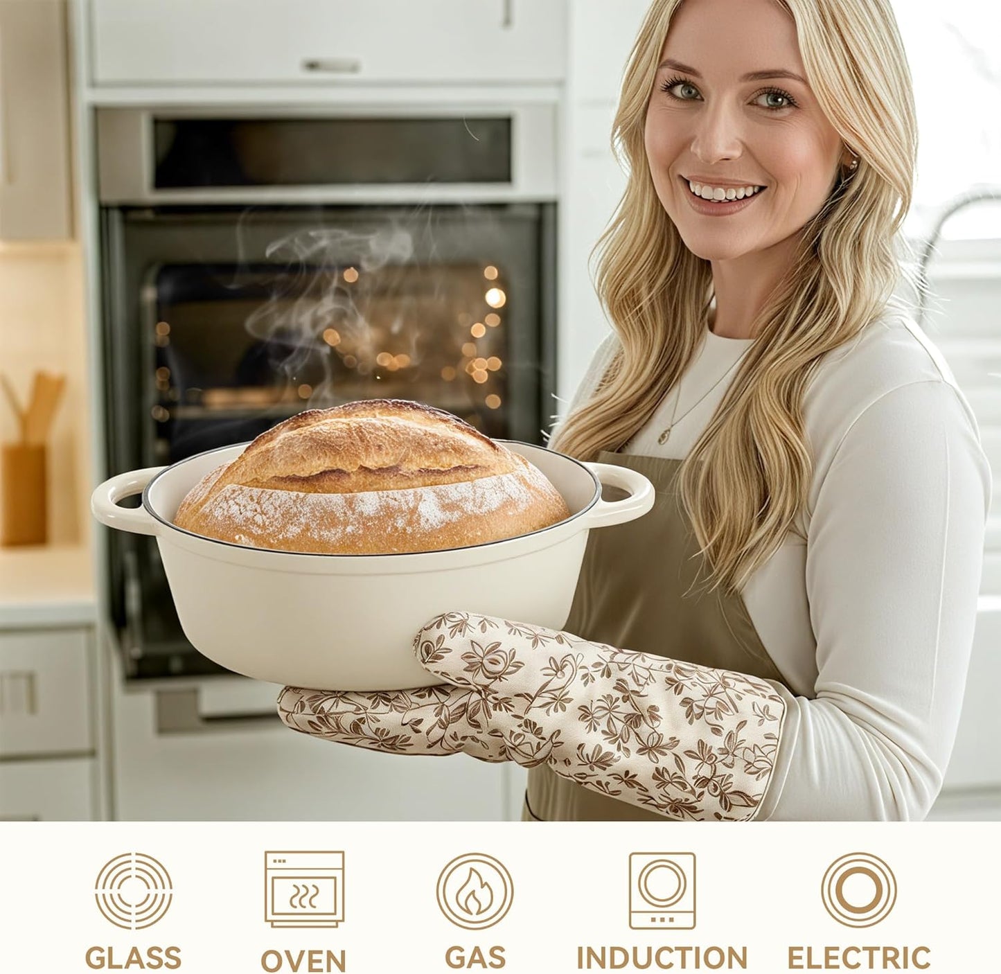 Oval Dutch Oven for Bread Baking, 4.5 Quart Non Stick Enameled Cast Iron Dutch Oven Pot with Lid, Oven Safe Oval Casserole with Lid up to 500°F for Baking, Braising, Stews, Roasting (Beige)