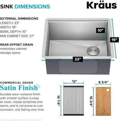 KRAUS Kore 23-Inch Undermount Workstation 16 Gauge Single Bowl Stainless Steel Kitchen Sink with Accessories, KWU111-23