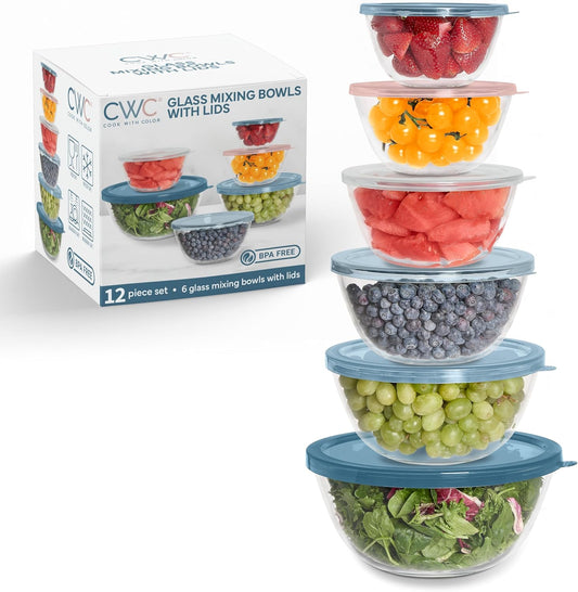 COOK WITH COLOR 12 Pc Glass Mixing Bowl Set with Lids – Borosilicate Glass Nesting Bowls for Cooking, Baking and Meal Prep, Blue/Pink