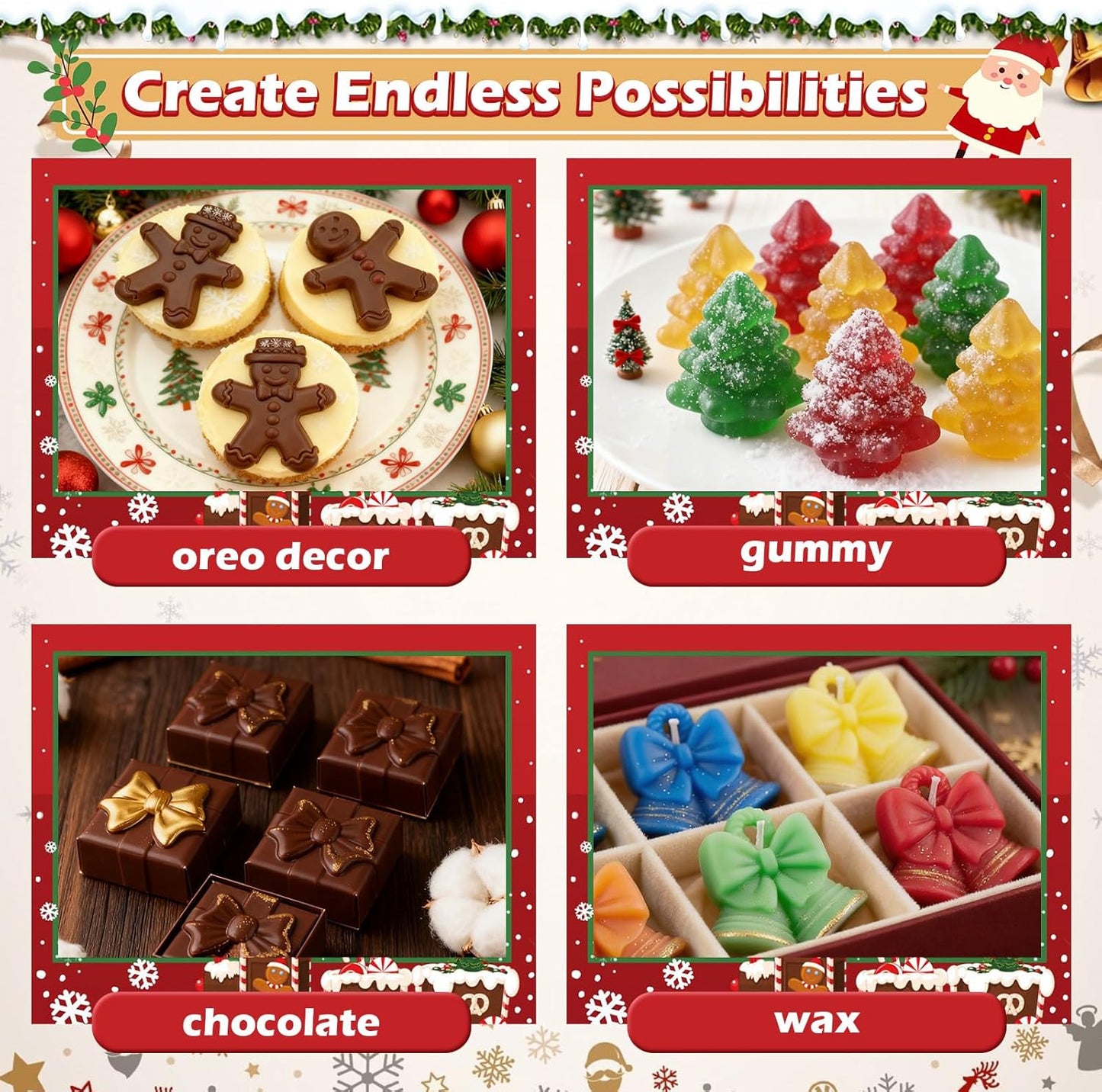 HKNMTT Christmas Silicone Molds for Xmas Candy Chocolate Wax Decor, 84 Cavity 7 Shapes Gummy Mould, Including Santa Gift Box Snowflake Bell Glove Tree Gingerbread Food Grade Holiday Baking DIY Moulds