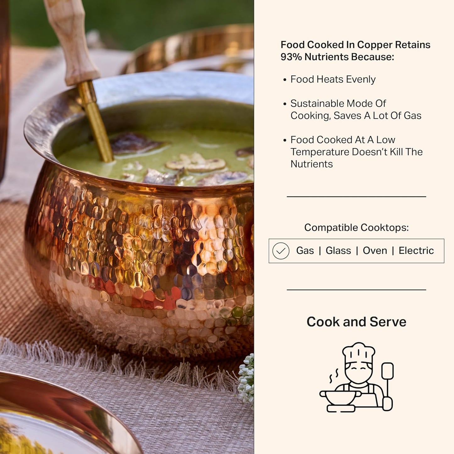 P-TAL 9" Dutch Oven 100% Pure Copper Cooking Pot 3.6 Quarts Stew Pot with Ayurvedic Health Benefits Copper Cookware