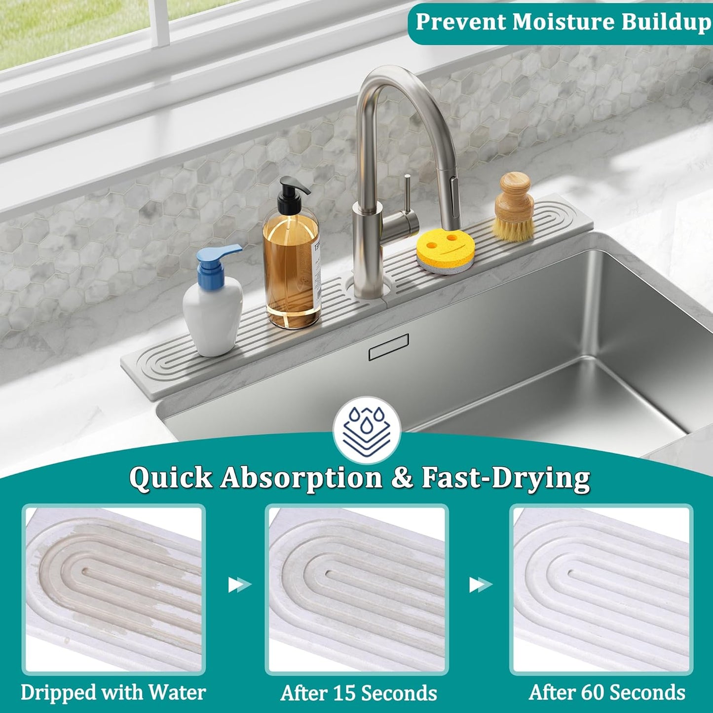 Stone Faucet Mat for Kitchen Sink - Quick Dry Diatomite Sink Splash Guard, Prevents Moisture Buildup & Water Stains, Water Absorbing Stone Tray for Bathroom Countertop (White, 20" x 4")