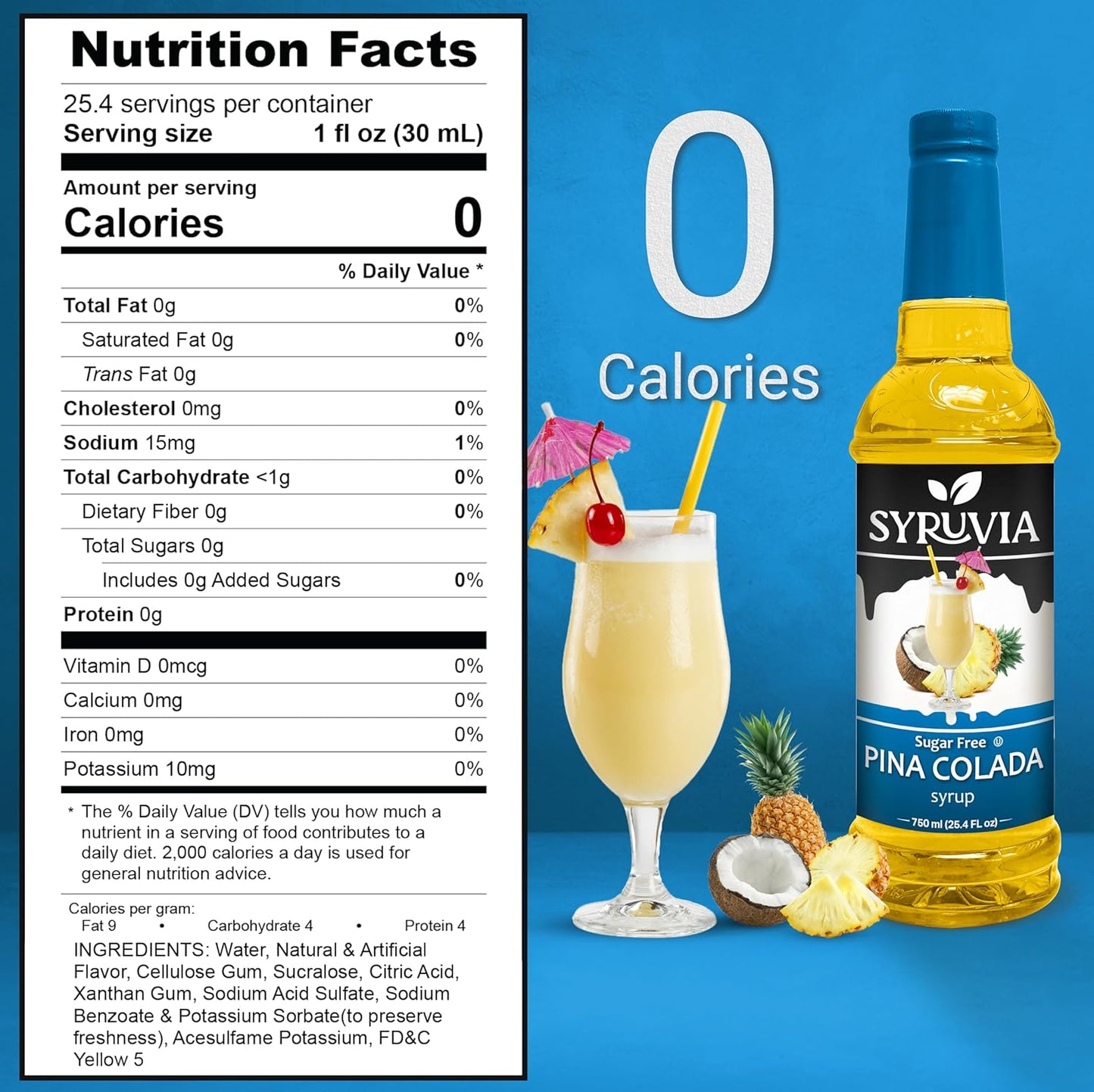 Syruvia Sugar Free Pina Colada Syrup, Flavored Syrup for Cocktails, Drinks, Lemonades, Iced Teas, and Desserts – 25.4 fl oz