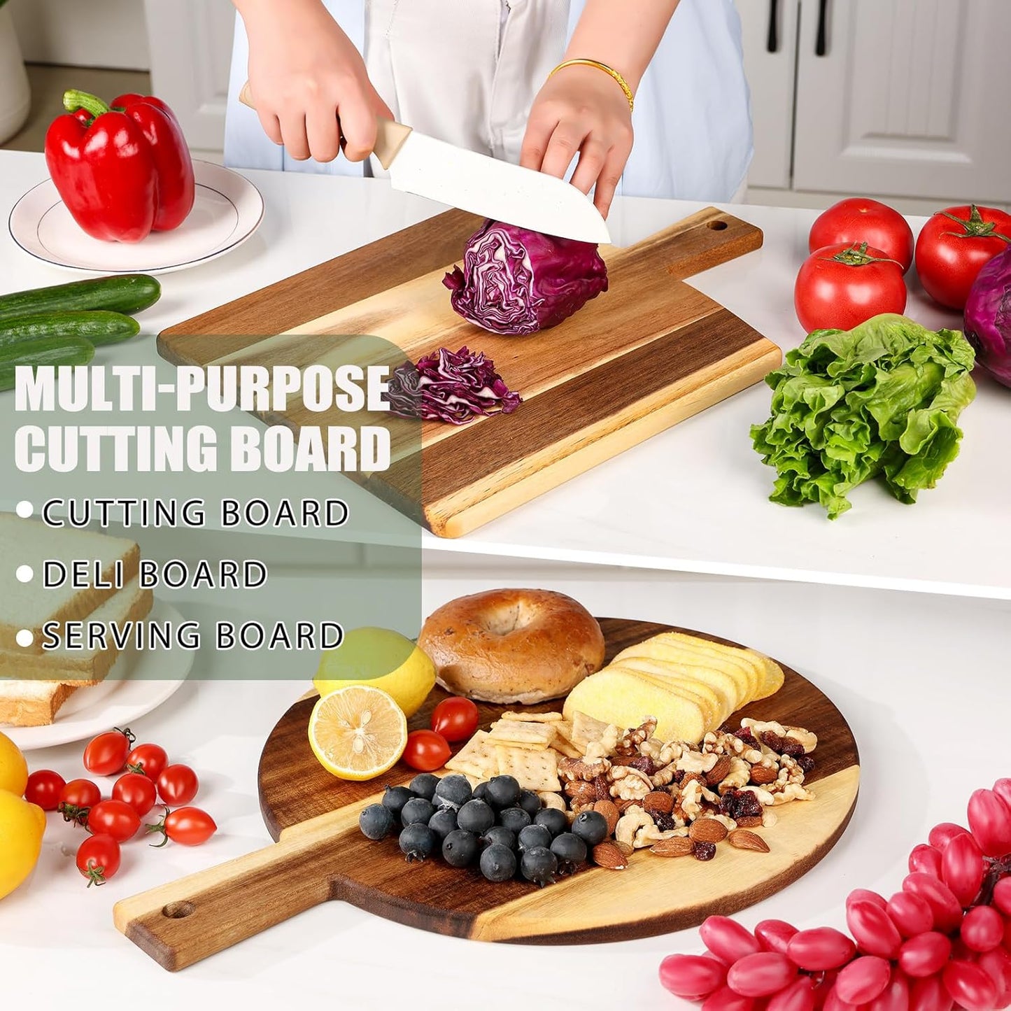 2 Pack Acacia Wood Cutting Board with Stand, Charcuterie Boards for Kitchen, Round & Rectangular Wooden Cutting Board Set for Cheese, Meat, Pizza, Vegetables, Bread(16 x 12 Inch)