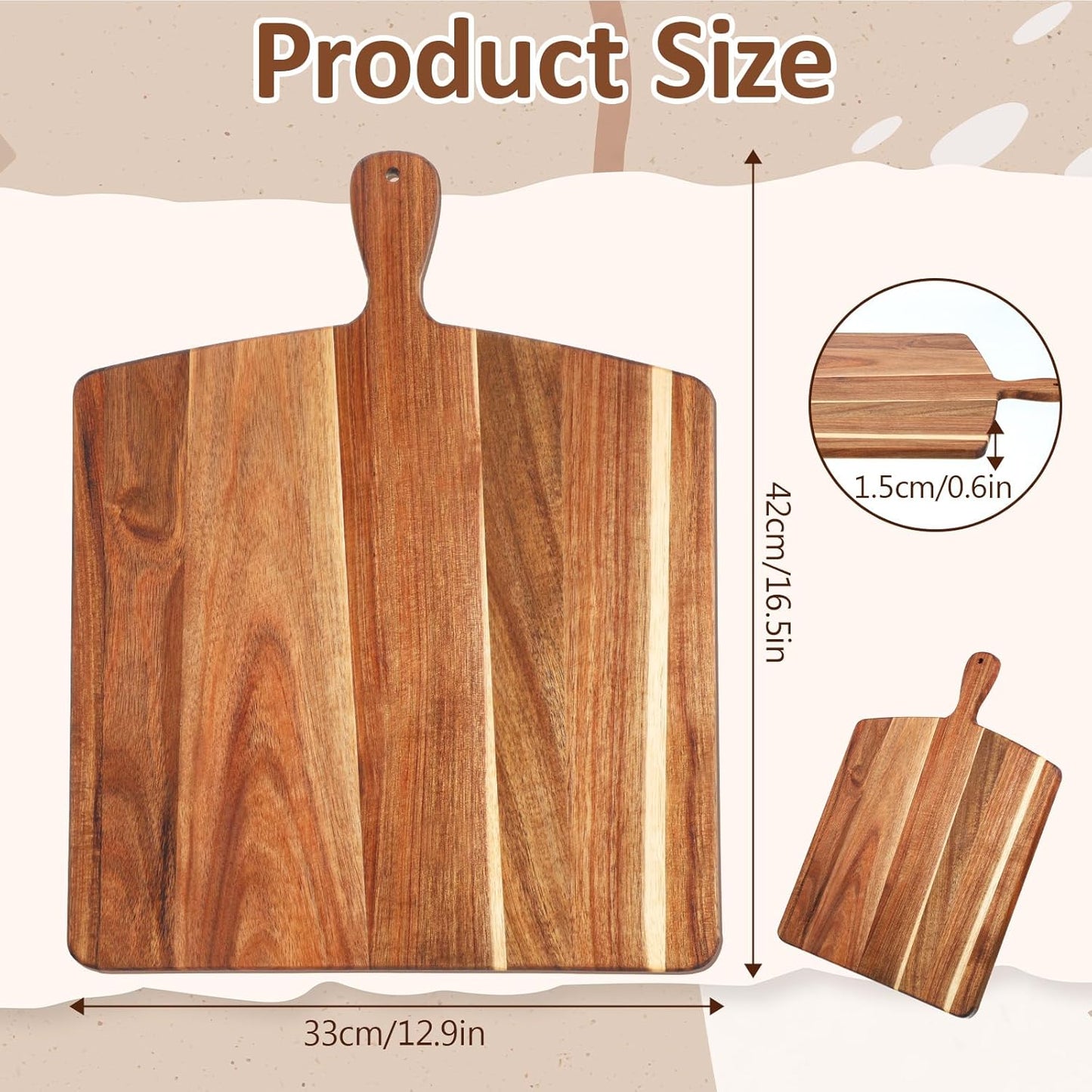 16.5"x13" Acacia Wood Cutting Board with Handle, Wooden Charcuterie Boards, Thick Chopping Board, Bread Cheese Pizza Serving Platter Butcher Block, Vegetables Fruits Serving Tray
