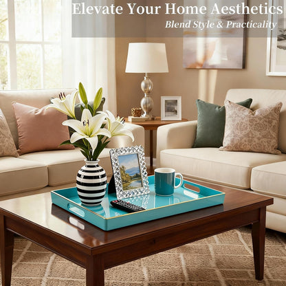 Zosenley Decorative Plastic Serving Tray with Handles, Modern Vanity Organizer for Bathroom, Kitchen, Ottoman and Coffee Table (Blue, Rectangular)