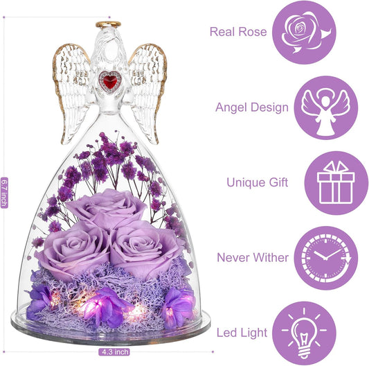 Mothers Day Rose Gifts for Women, Large Angel Figurines with Real Roses, Preserved Real Flower Rose for Her, Light Purple