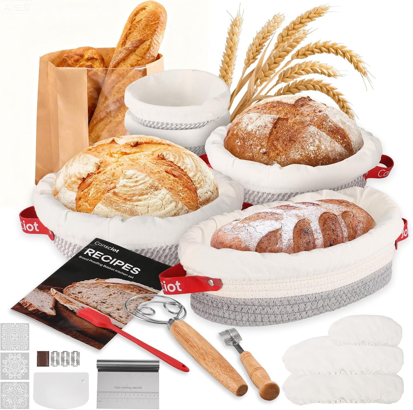 Sourdough Starter Kit 5 Banneton Round & Oval, Consciot Cotton Rope Bread Proofing Basket Set, Sourdough Bread Baking Supplies, Bread Baskets With Liners & Covers, Gift for Bakers Women Kids Family