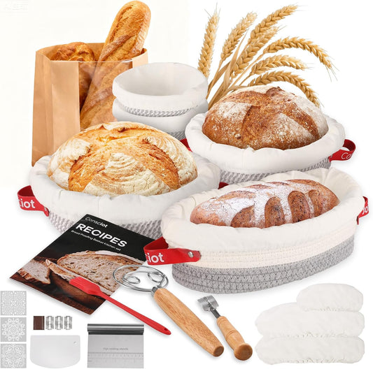 Sourdough Starter Kit 5 Banneton Round & Oval, Consciot Cotton Rope Bread Proofing Basket Set, Sourdough Bread Baking Supplies, Bread Baskets With Liners & Covers, Gift for Bakers Women Kids Family