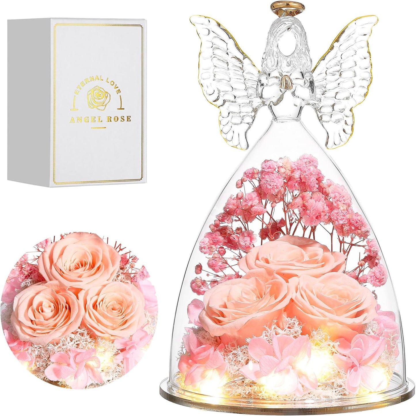 Christmas Rose Gifts for Women Preserved Real Flower in Glass Angel Figurines Roses for Delivery Prime Birthday Gifts for Mom Grandma Girlfriend Wife Her, Champagne