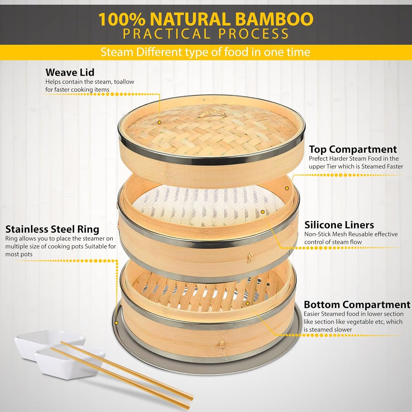 Bamboo Steamer Basket Set Chinese Cuisine 10-inch 2 Tiers Vegetable Steaming Basket for Cooking with Chopsticks, Sauce Dishes, and Reusable Liners - Dumpling Steamer Baskets