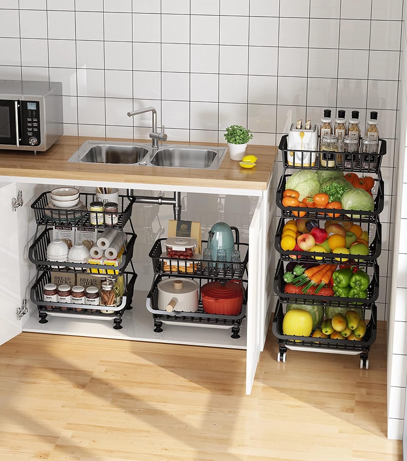 MURRI&MURRDI Fruit Vegetable Storage Baskets with Wheels, 6 Tier Stackable Wire Storage Baskets, Tall Standing Produce Kitchen Rack, Narrow Rolling Cart for Pantry Snack Onion Potato, Black