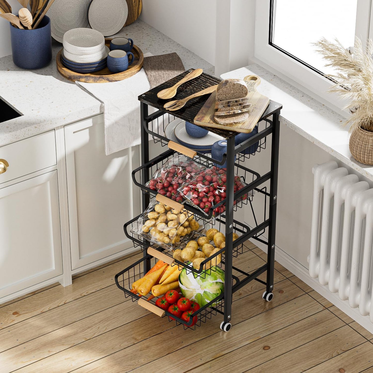 JAQ Fruit Basket for Kitchen, 5-Tier Slide Out Storage Baskets Carts Organizers Drawers with Wood Top Table with Rolling Wheels for Snacks Vegetables Vianderos para Cocina Modernos (Black, 5 Layer)
