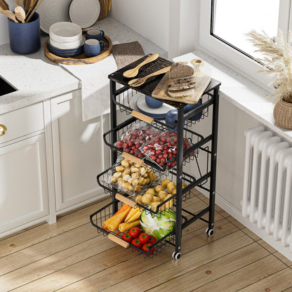 JAQ Fruit Basket for Kitchen, 5-Tier Slide Out Storage Baskets Carts Organizers Drawers with Wood Top Table with Rolling Wheels for Snacks Vegetables Vianderos para Cocina Modernos (Black, 5 Layer)