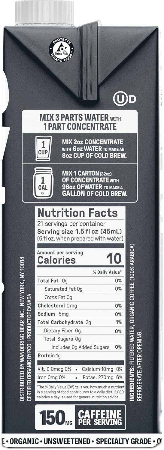 Wandering Bear Organic Unsweetened Extra Strong Cold Brew in a Box - Make Your Own Iced Coffee Drink with Wandering Bear Black Concentrate, Shelf-Stable - 21 Servings - 32 fl.oz