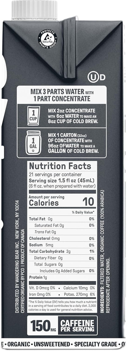 Wandering Bear Organic Unsweetened Extra Strong Cold Brew in a Box - Make Your Own Iced Coffee Drink with Wandering Bear Black Concentrate, Shelf-Stable - 21 Servings - 32 fl.oz