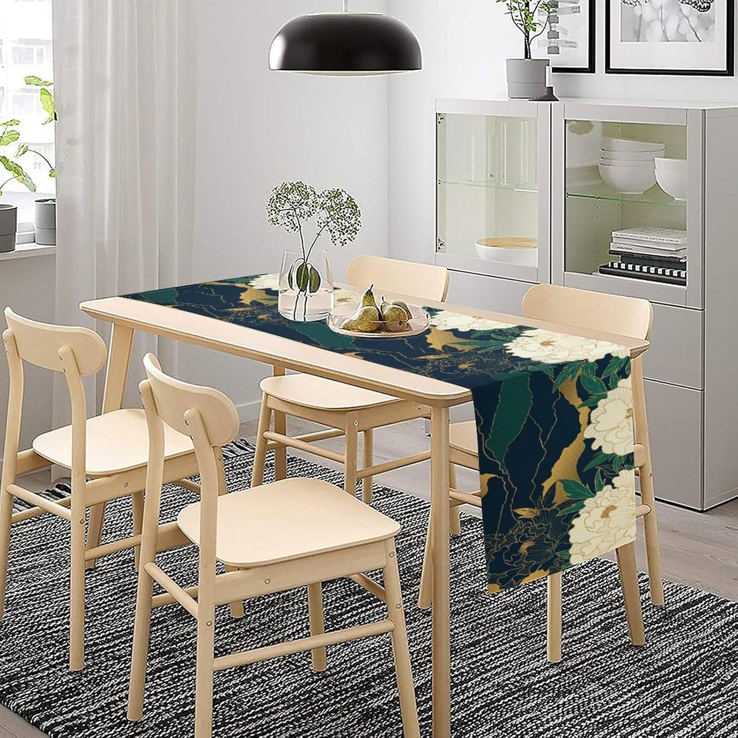 Chinese Landscape Dinning Table Runner, Spring Line Floral Navy Green Peak Asian Style Table Runner for Kitchen Study Living Room Home Bedroom, Gray 13x90 Inch