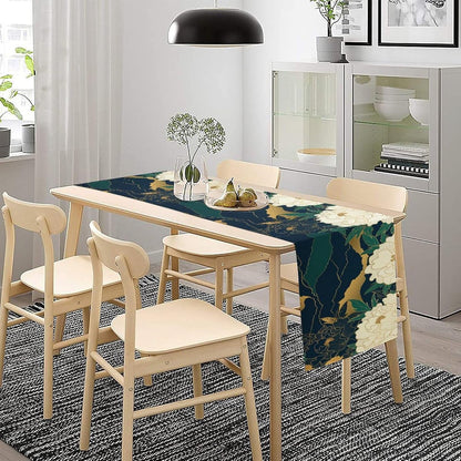 Chinese Landscape Dinning Table Runner, Spring Line Floral Navy Green Peak Asian Style Table Runner for Kitchen Study Living Room Home Bedroom, Gray 13x90 Inch