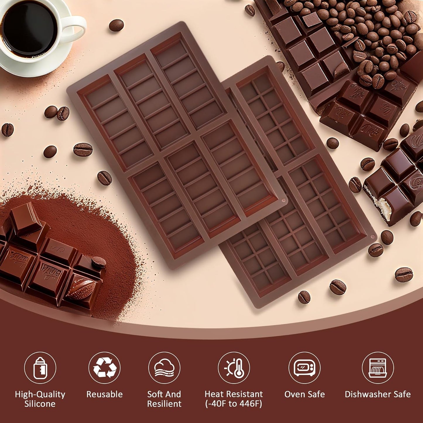 2 Pack Silicone Chocolate Bar Molds - Non-Stick Deep Dubai Chocolate Mold for Candy Bars, Pistachio, Homemade Energy,Protein Bars, Homemade Desserts (Reusable, Break Apart Design, Dishwasher Safe)