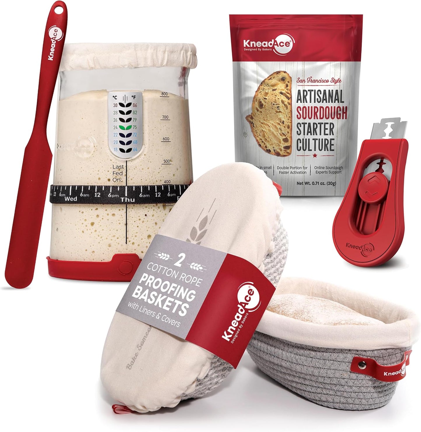 KneadAce Complete Sourdough Bread Baking Kit - 34oz Starter Jar, Cotton Rope Proofing Baskets, Magnetic Bread Lame, and Fast-Activation Sourdough Starter Culture for Perfect Artisan Loaves