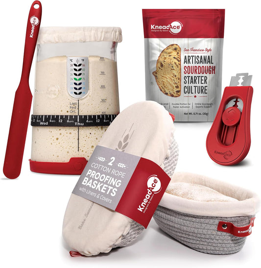 KneadAce Complete Sourdough Bread Baking Kit - 34oz Starter Jar, Cotton Rope Proofing Baskets, Magnetic Bread Lame, and Fast-Activation Sourdough Starter Culture for Perfect Artisan Loaves