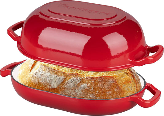 Enameled Cast Iron Sourdough Bread Oven, Dutch Oven, Loaf Cast Iron Bread Pan for Homemade Bread Baking, Meatloaf Pan with Lid, 7QT, Red