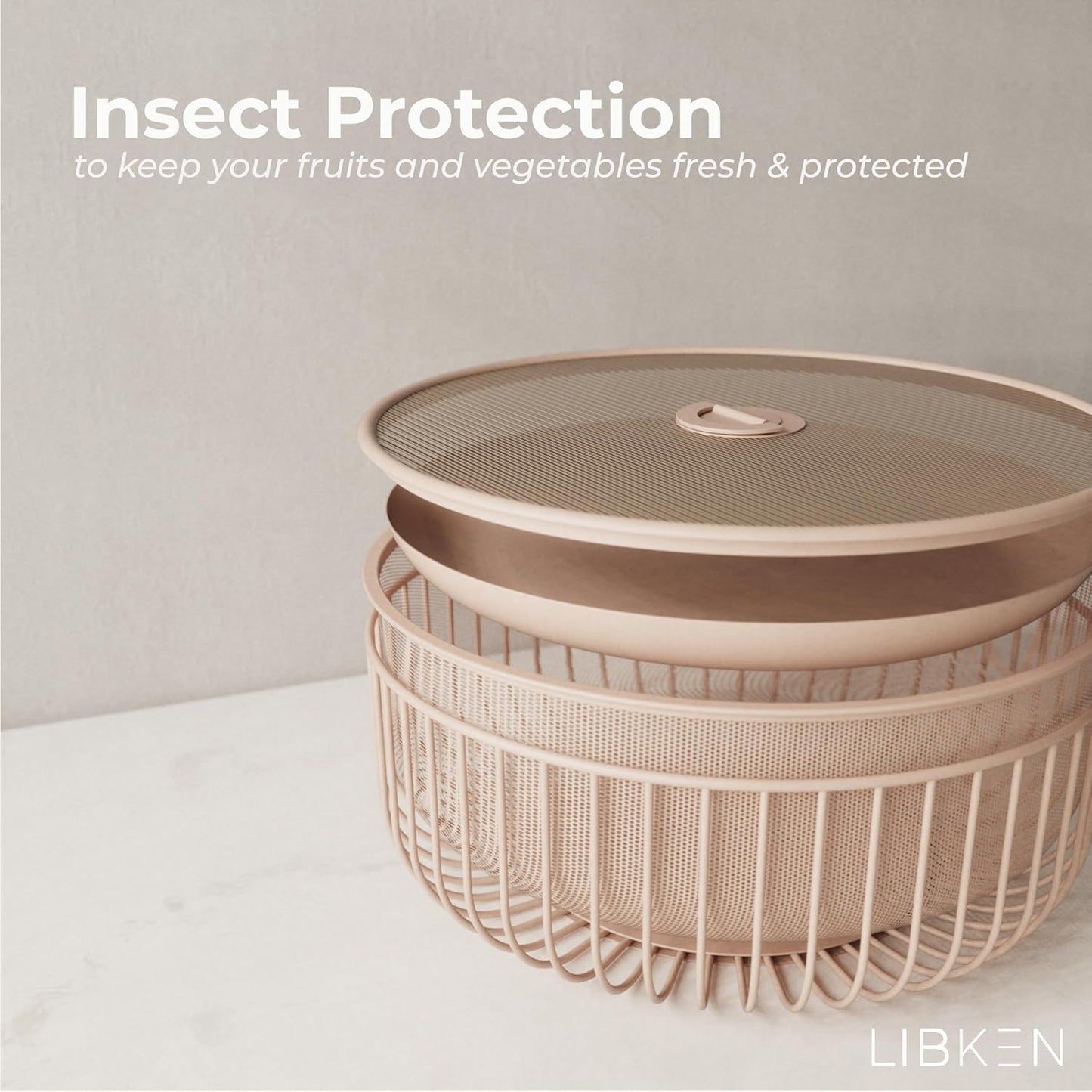 Metal Fruit Bowl with Mesh Lid and Basket - Fruit and Vegetable Holder For Kitchen Counter - Countertop Display Baskets Organizer - Bowl Storage for Veggie, Fruits, Snack, and Banana - Peach