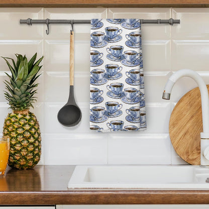 Vintage Teacups Kitchen Dish Towels, Blue and White Coffee Cups Kitchen Decor, Coffee Tea Lovers Gifts for Women, Tea Time Hand Towels Kitchen Bathroom Tea Towels Decorations, 16x24inch