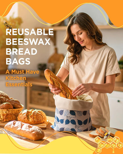 Beeswax Bread Bags for Homemade Sourdough with Zipper, 2 Pack Reusable Sourdough Bread Bags Baking Supplies, Airtight Natural Cotton Storage Bag