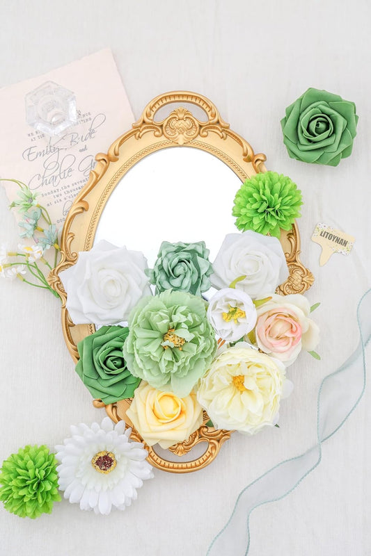 Artificial Flowers, White Green Fake Silk Flower, Silk Flowers with Stems, Wedding Cake Flowers for DIY Wedding Bridal Bouquets Centerpieces Decor