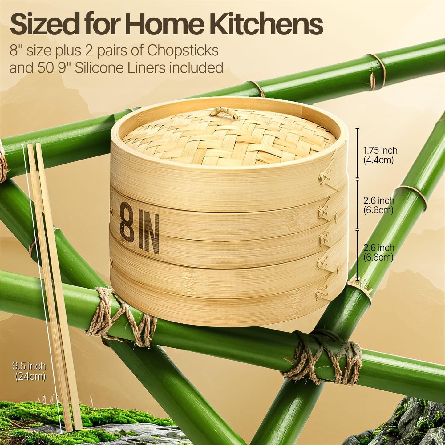 Flexzion Bamboo Steamer Basket Set (8 inch), 50 x Steamer Liners and 2 Pairs of Chopsticks, Steam Baskets for DimSum Dumplings, Rice, Vegetables, Fish and Meat