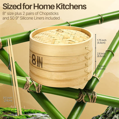 Flexzion Bamboo Steamer Basket Set (8 inch), 50 x Steamer Liners and 2 Pairs of Chopsticks, Steam Baskets for DimSum Dumplings, Rice, Vegetables, Fish and Meat