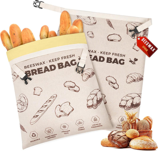 YARRAMATE Beeswax Bread Bags for Homemade Sourdough, Reusable Linen Food Storage Bags to Keep Loaf Fresh, Large Freezer Safe and Eco Friendly Bread Containers (17x13", 2 Pack)