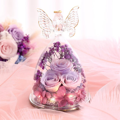 Christmas Rose Gifts for Women Preserved Real Flower in Glass Angel Figurines Roses for Delivery Prime Birthday Gifts for Mom Grandma Girlfriend Wife Her, Pinkpurpurple