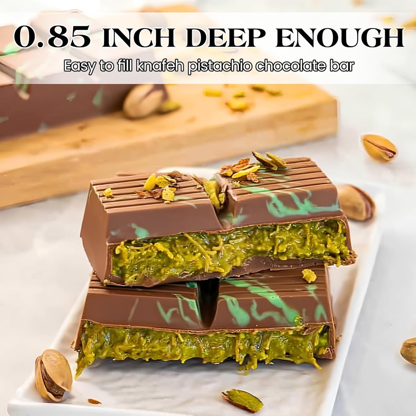 2 Pcs Chocolate Bar Mold Deep Dubai 0.85 Inch Stuffed Large Chocolate Molds Silicone Break Apart Thick Silicone Molds for Candy Bar, With 100 Pcs Wrappers and 1 Pc Scrapers Set (8 Snap）