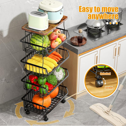 Fruit Vegetable Basket for Kitchen, 5 Tier Stackable Fruit Vegetable Storage Baskets with Wheels, Metal Wire Storage Basket Organizer Baskets for Kitchen, Pantry, Bathroom