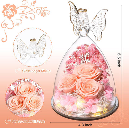 Christmas Rose Gifts for Women Preserved Real Flower in Glass Angel Figurines Roses for Delivery Prime Birthday Gifts for Mom Grandma Girlfriend Wife Her, Champagne
