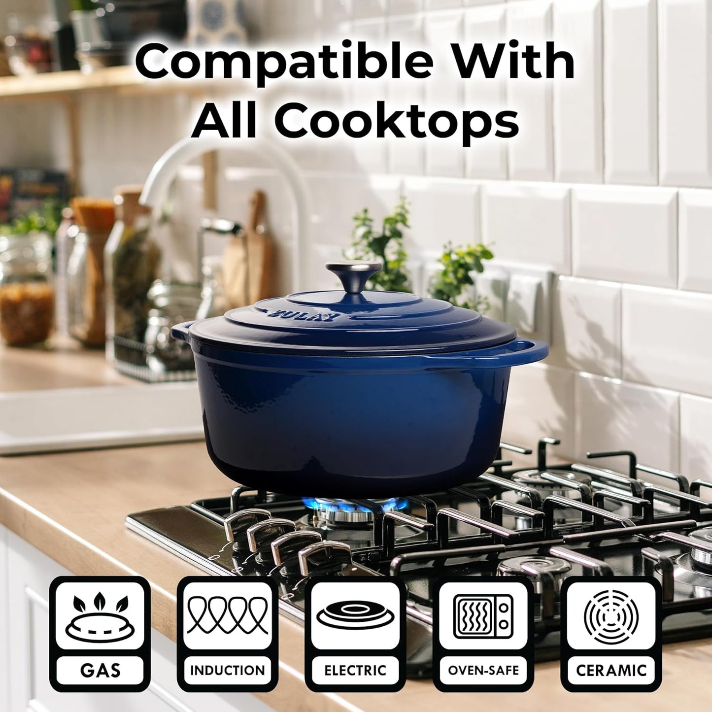 Zulay Kitchen 7.7 Quart Enameled Cast Iron Dutch Oven Pot with Lid – Premium Durability & Oven Safe up to 500°F – Heavy Duty Cookware Perfect for Bread Baking, Stews, Braising & Roasting – Blue