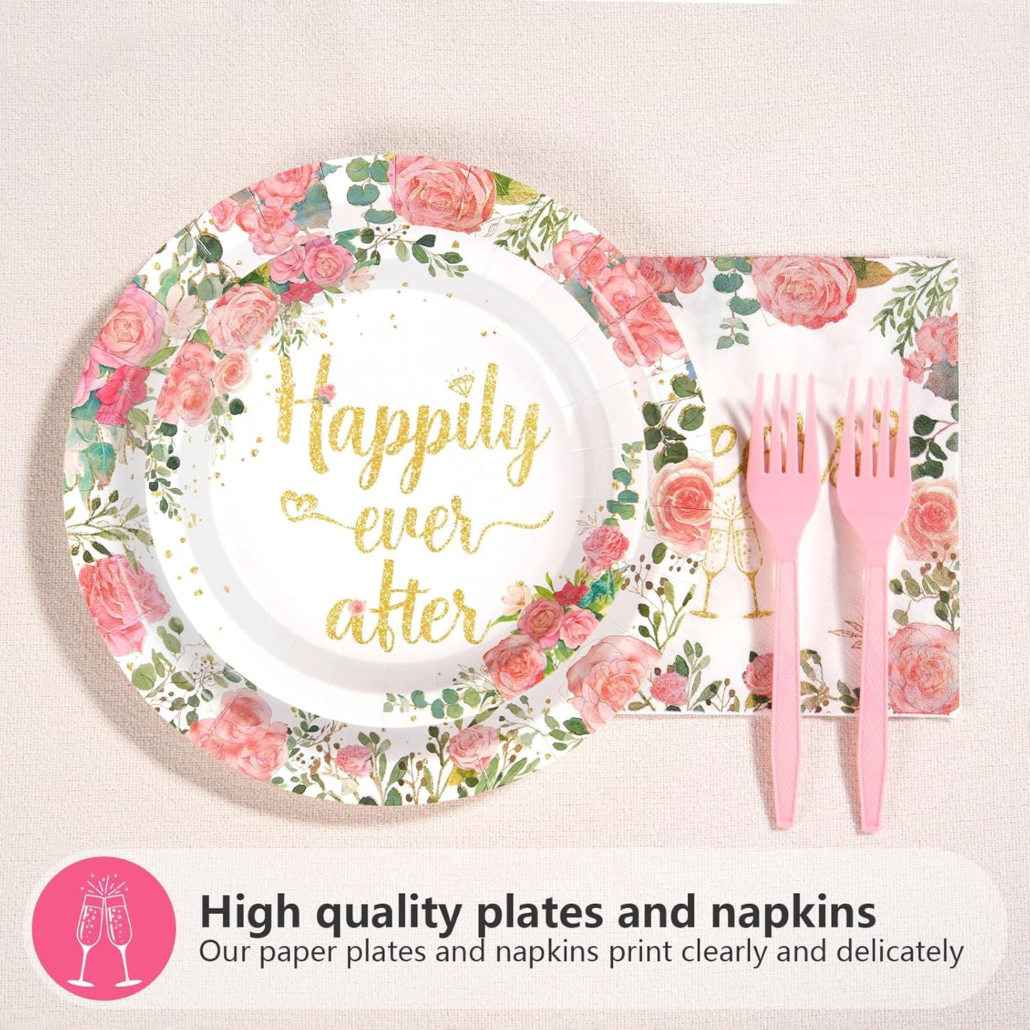Grencian 96 Pcs Bachelorette Party Decorations Rose Gold Bride Shower Plates and Napkins Bride to Be Tableware Pink Flower and Gold Bachelorette Party Supplies for Engagement Wedding Party Favors