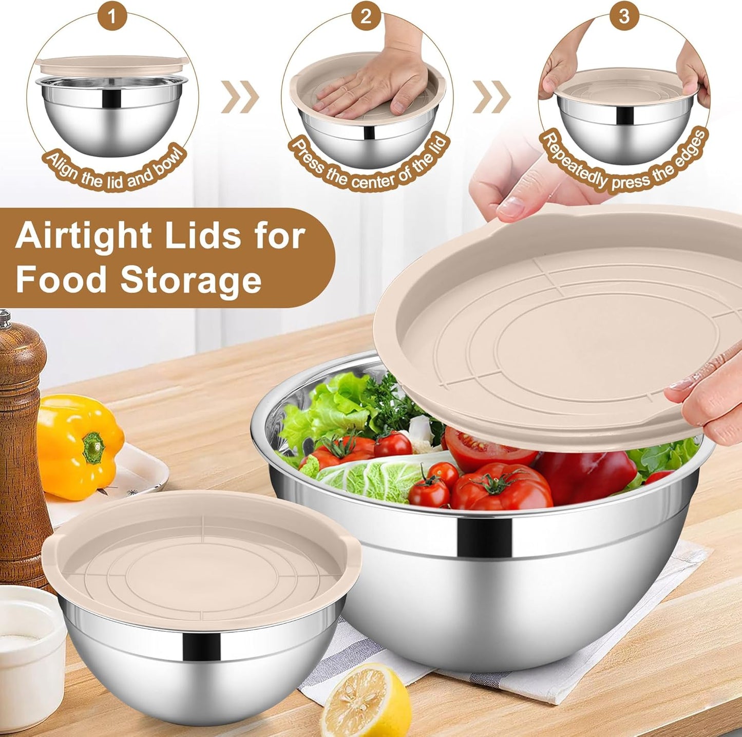 LIANYU 6 Piece Mixing Bowls with Lids Set, Size 7 & 3.5 & 2.5 & 2 & 1.5 & 1QT, Stainless Steel Cooking Serving Bowls, Metal Kitchen Nesting Bowl for Prepping & Food Storage, Dishwasher Safe, Khaki