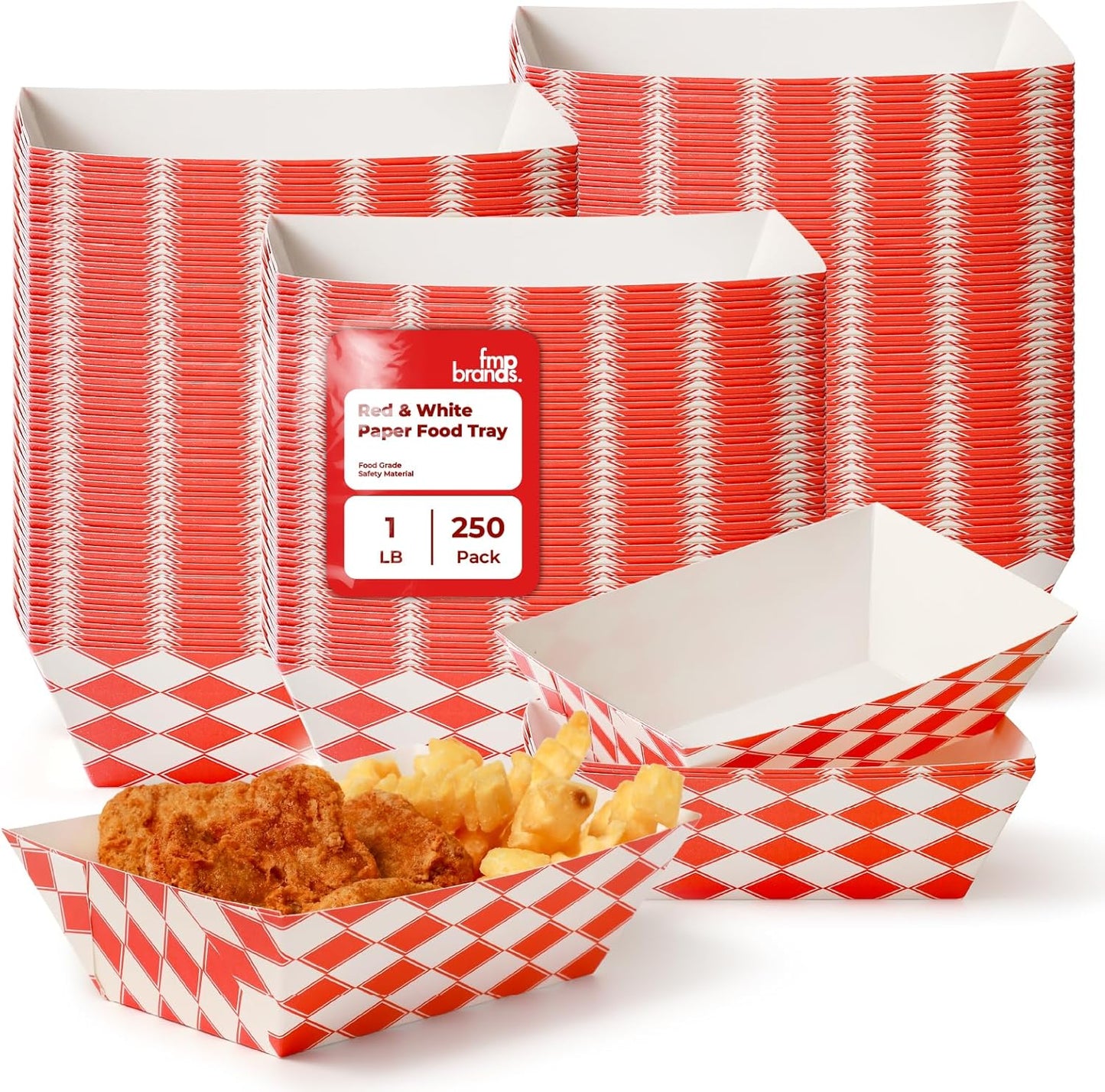 Fit Meal Prep [250 Pack 1 lb Paper Food Boats Heavy Duty Disposable Food Trays, Red Check Nacho Tray for Parties Fairs Picnics Carnivals, Holds Sause Candies Nut Grease Resistant