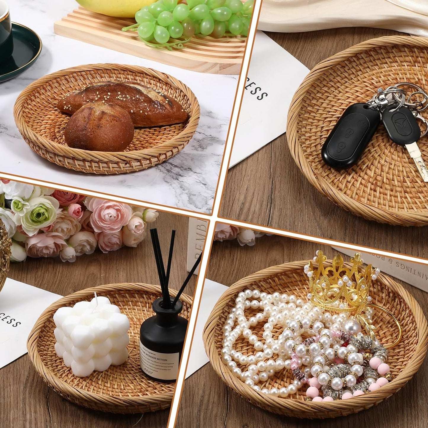 Rattan Bread Baskets Woven Fruit Bowls, 7.5" Round Natural Woven Wicker Basket Picnic Snack Vegetable Bowls Wicker Trays Candy Bowl for Office Kitchen Keys Entryway Organization Handwoven Decor