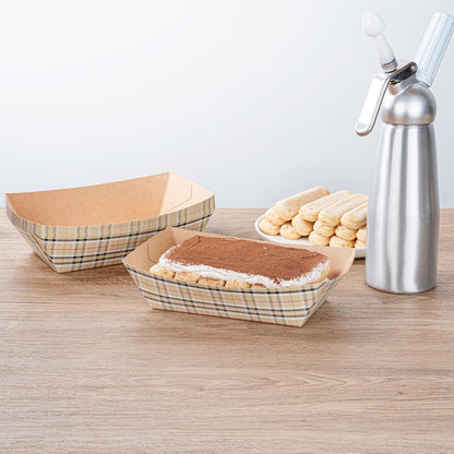 Restaurantware Bio Tek 2 Pound Food Boats 200 Disposable Paper Food Trays - Heavy-Duty Greaseproof Plaid Paper Boats For Snacks Appetizers Or Treats Use At Parties Or Carnivals