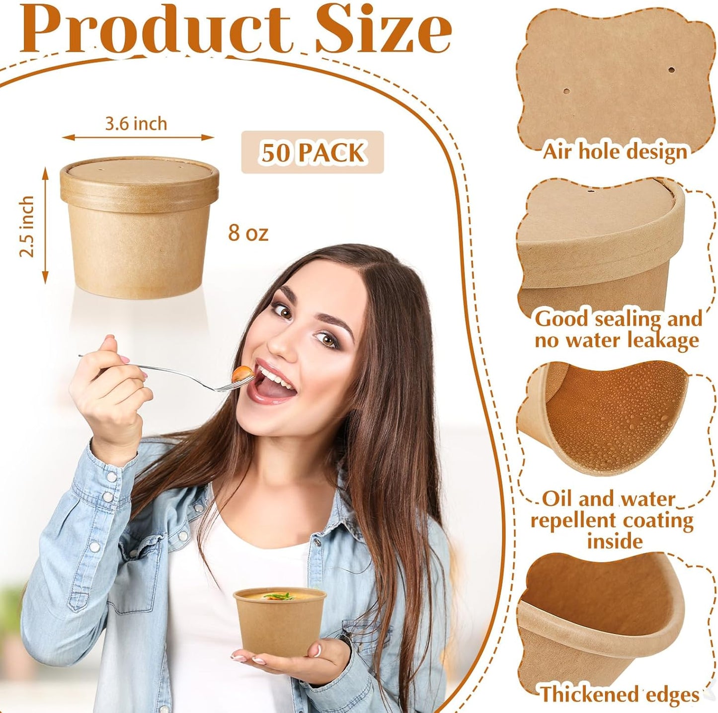 Sabary 50 Pack 8 oz Paper Soup Containers with Lid Disposable Kraft Soup Food Bowl Microwavable Food Storage Ice Cream Containers Nice for Restaurants (Brown)