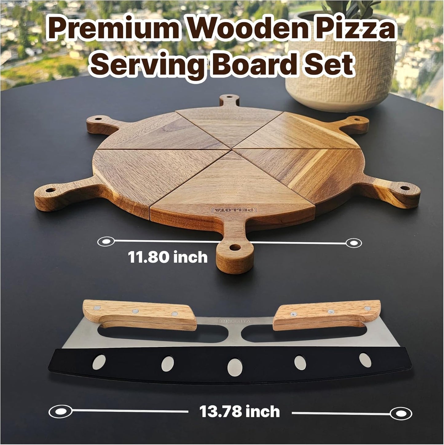 Premium Wooden Pizza Serving Board Set – 6 Slice Detachable Pizza Tray with Stainless Steel Rocker Knife, Pizza Slicer, Pizza Rocker for Parties & Gifts