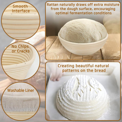 Banneton Bread Proofing Basket 9.6 * 6 Inch Sourdough Baking Rising Banaton Proofer Box Warmer Baskets Oval Round Bowl Cover Bowls Making Small Bulk Set of 2 Kit Supplies Tools Rattan for Bakers Gifts