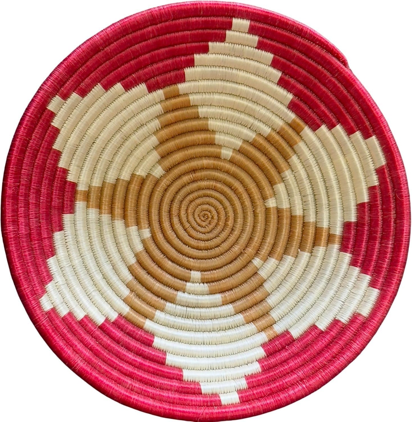 Handwoven African Basket Handmade sisal Fruit Bowl Wall Hanging decorative Baskets for Home Living Room Kitchen Centerpiece Zen Designs Arts and Crafts (Red White Tan, 12in diameter)