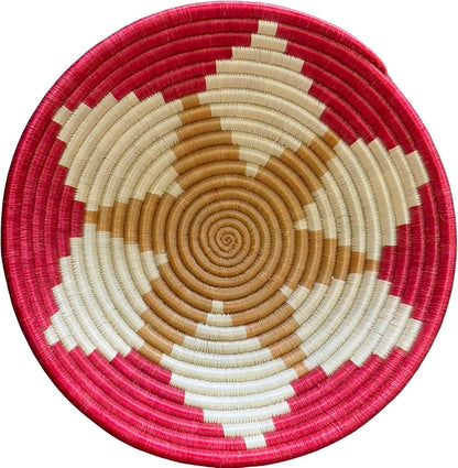 Handwoven African Basket Handmade sisal Fruit Bowl Wall Hanging decorative Baskets for Home Living Room Kitchen Centerpiece Zen Designs Arts and Crafts (Red White Tan, 12in diameter)