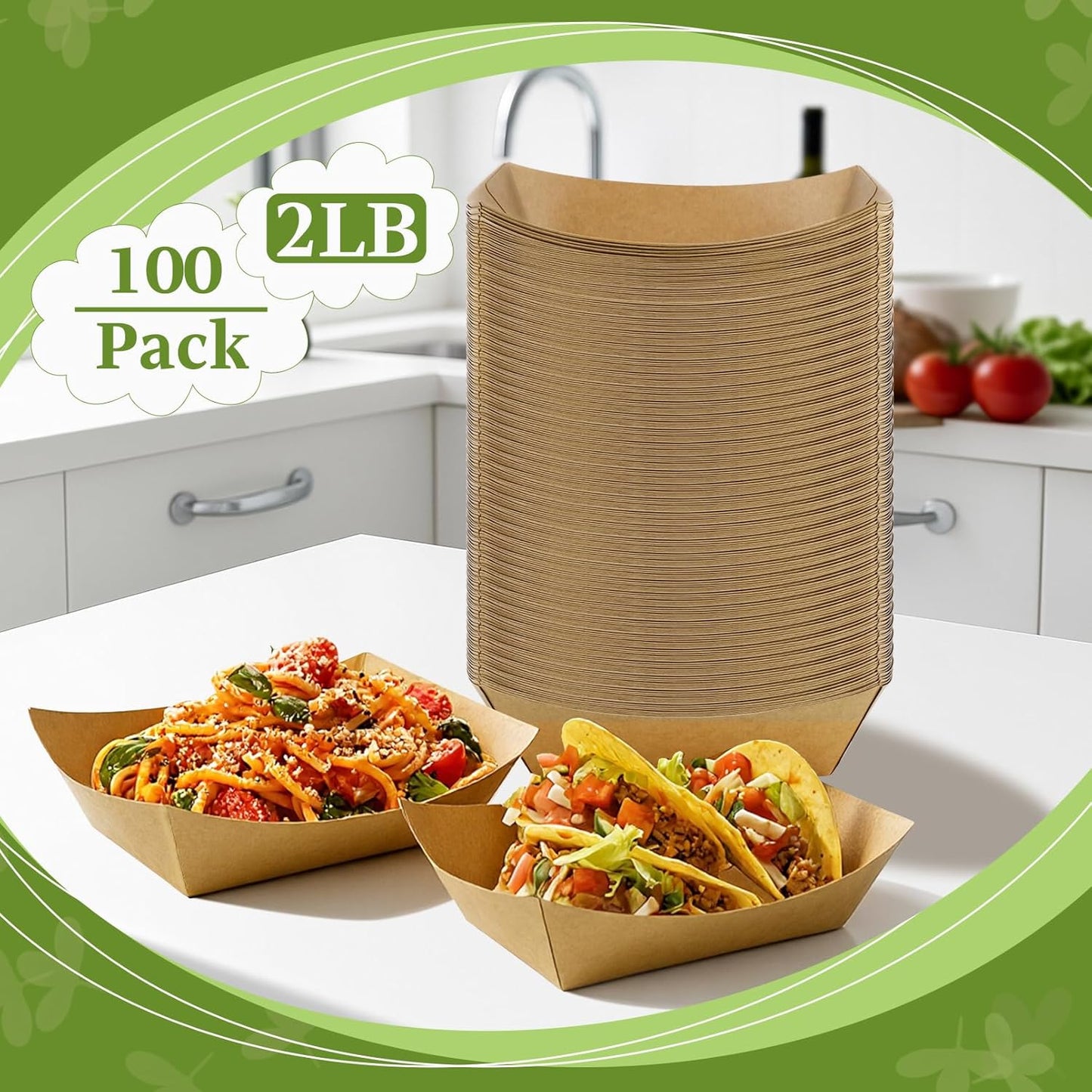 100 Pack 2lb Paper Food Trays, Brown Kraft Paper Food Boats, Heavy Duty Disposable Serving Basket, Disposable Nacho Trays for Party Snacks Nachos Fries Hot Dogs Tacos BBQ Popcorn