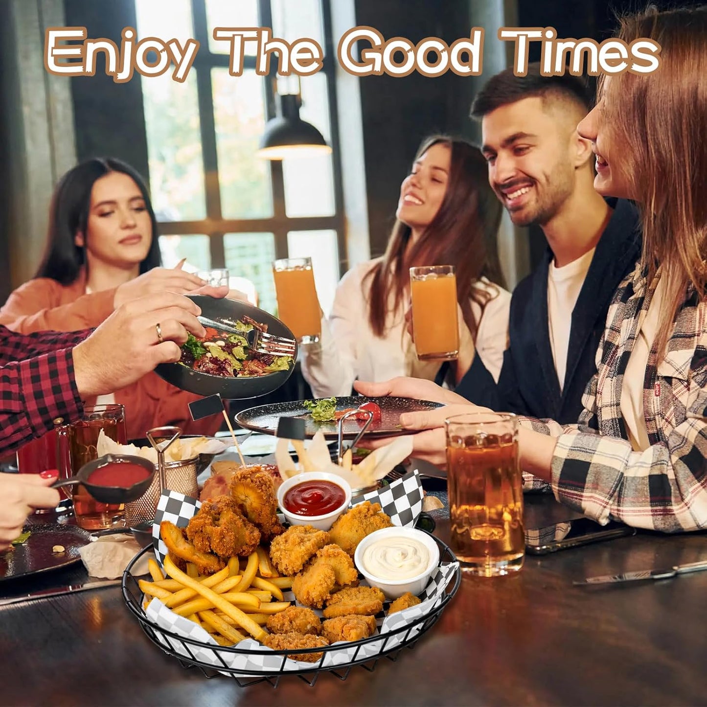 6 Pcs Large Round Metal Wire Bread Baskets 9.8x9.8x1.8 Inch Bread Serving Decorative Sandwich Container Christmas Party Fast Food Basket for Fruit Burger Kitchen Restaurant